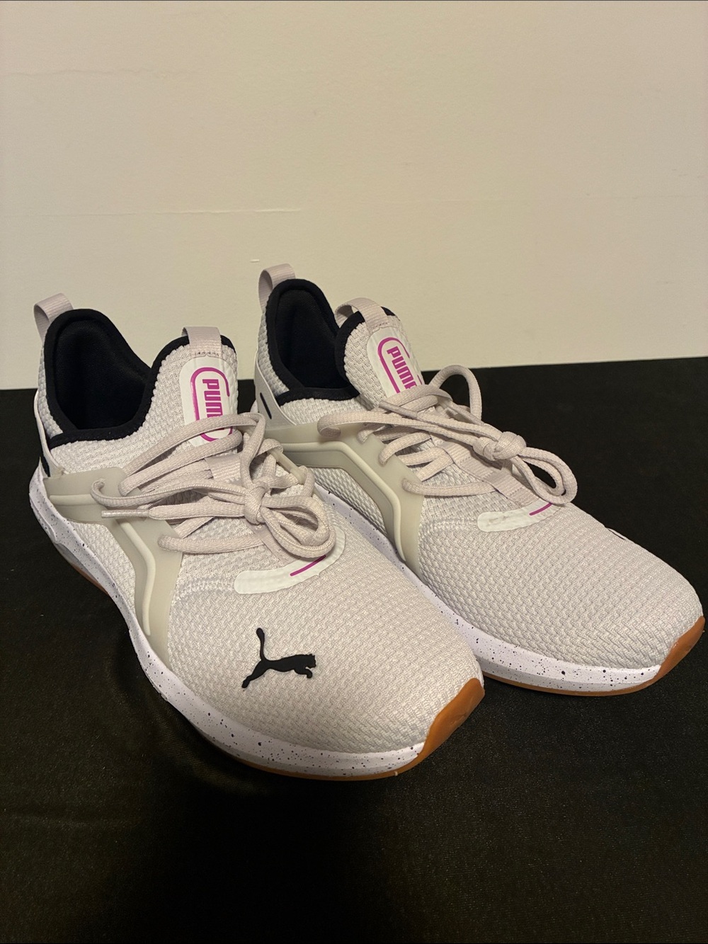 Puma Women’s Light Gray Knit Training Sneakers with Pink Accents